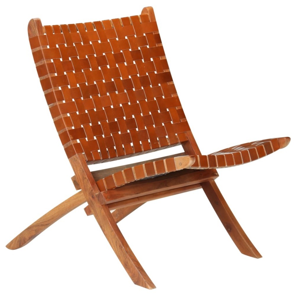 Folding Relaxing Chair Brown Real Leather