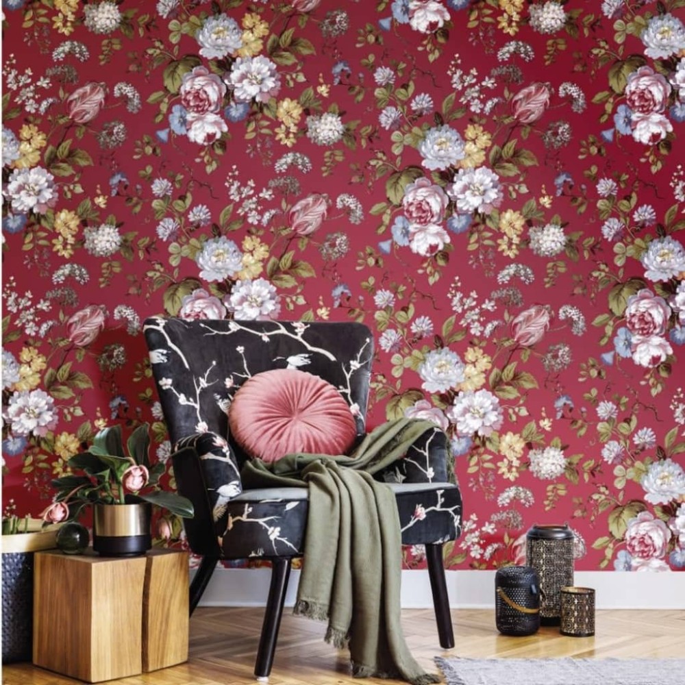 Noordwand Wallpaper Blooming Garden 6 Big Flowers Beige and Blue