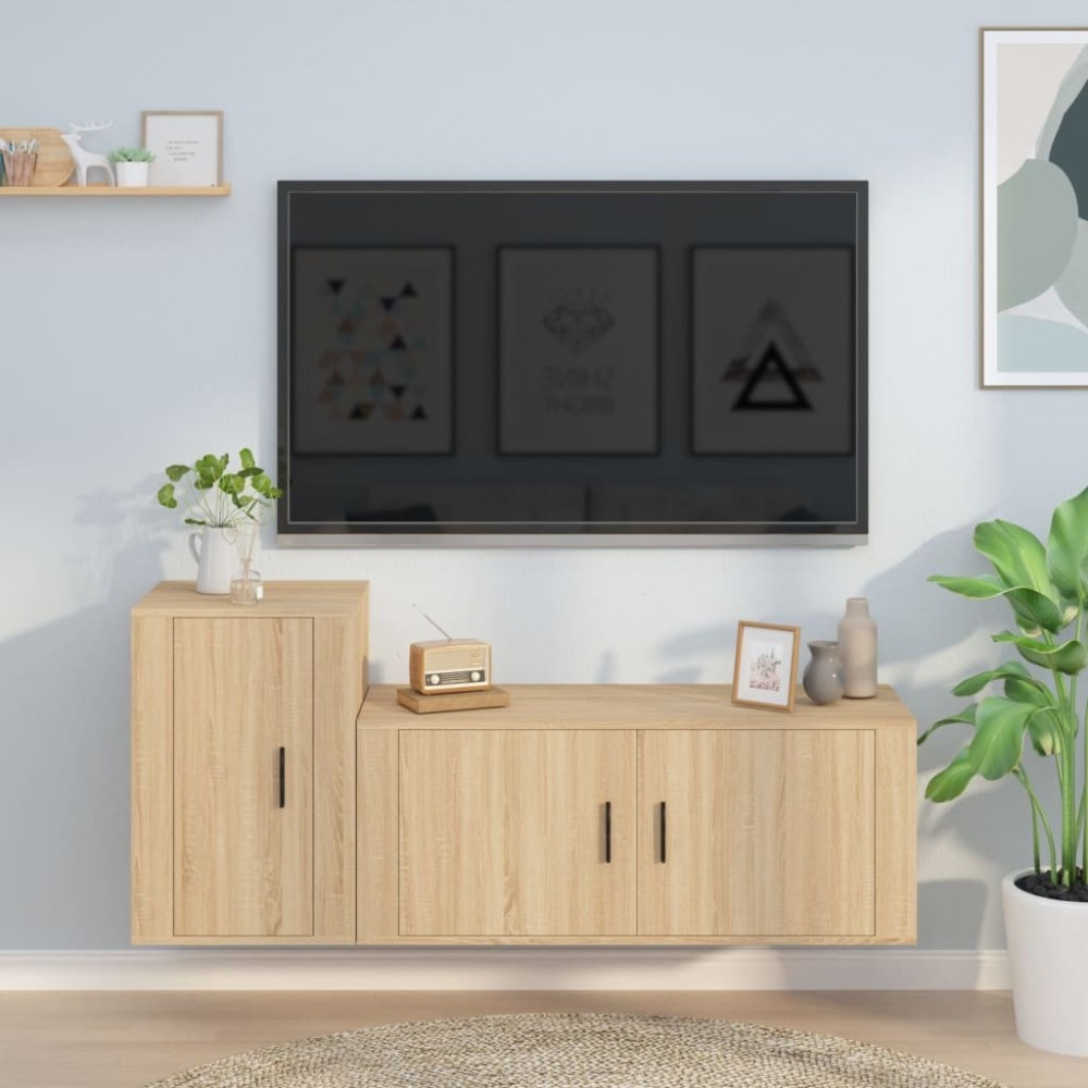 2 Piece TV Cabinet Set White Engineered Wood