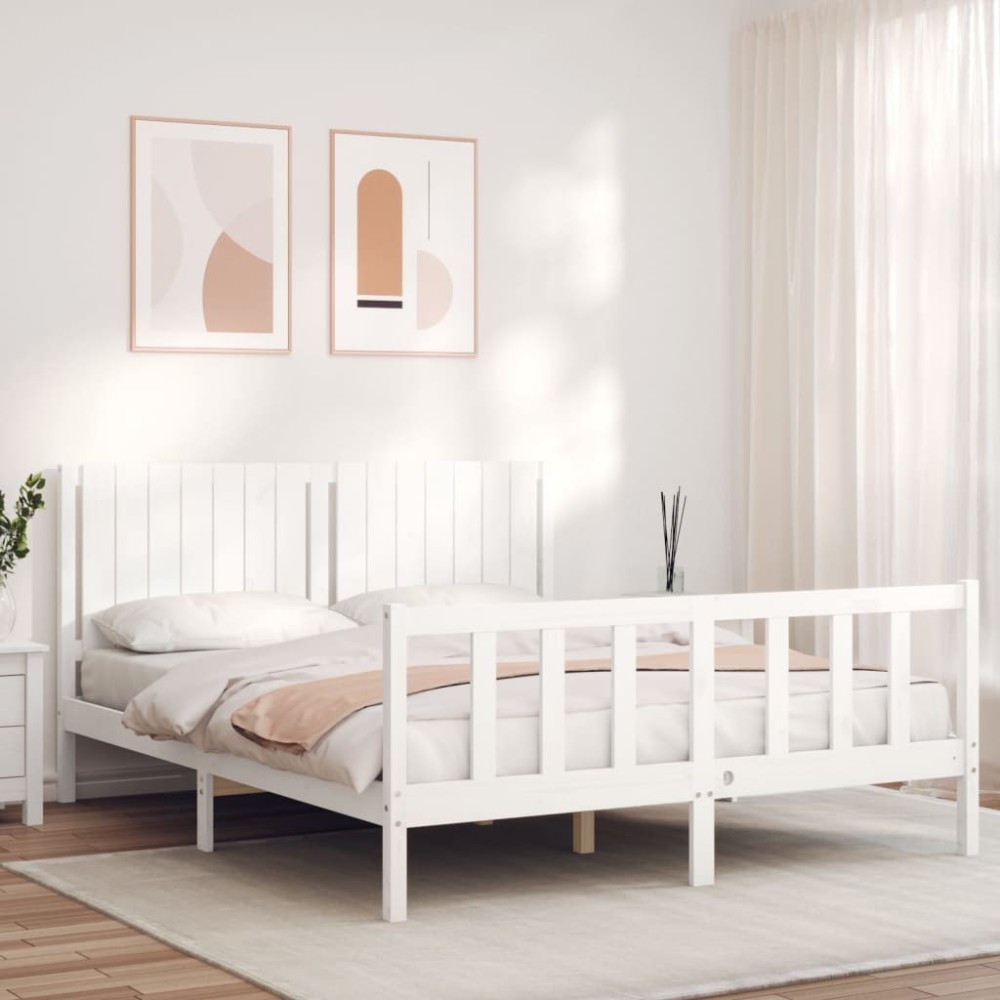 Bed Frame with Headboard White 5FT King Size Solid Wood