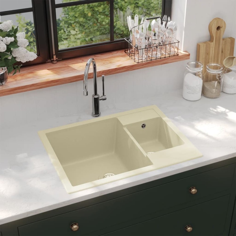 Kitchen Sink with Overflow Hole Double Basins White Granite