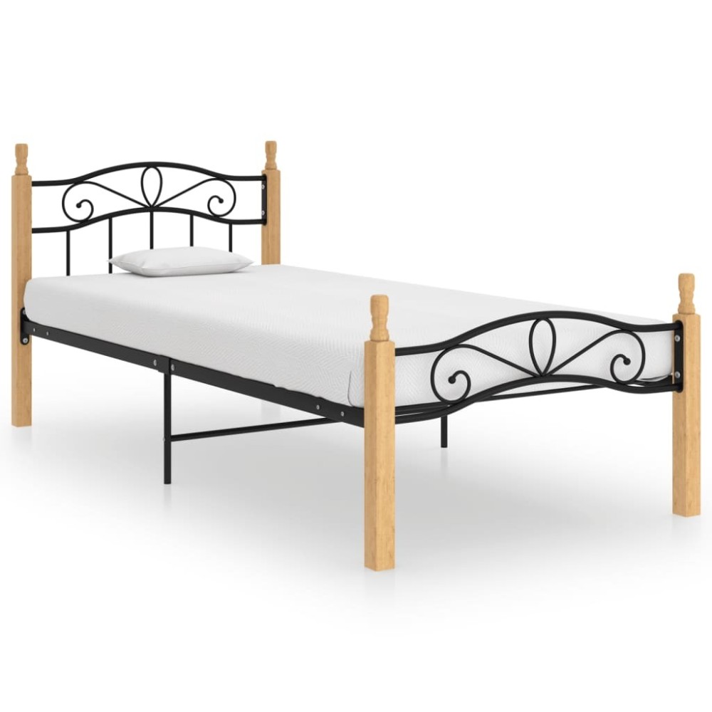 Bed Frame Black Metal and Solid Oak Wood 180x200 cm 6FT Super King