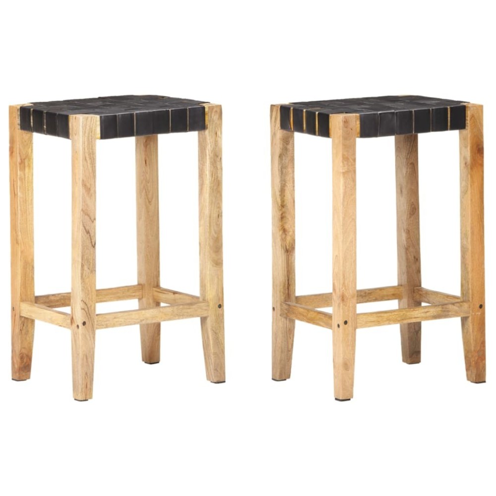 Bar Stools 2 pcs Black Real Leather & Solid Mango Wood 46x36x60 cm