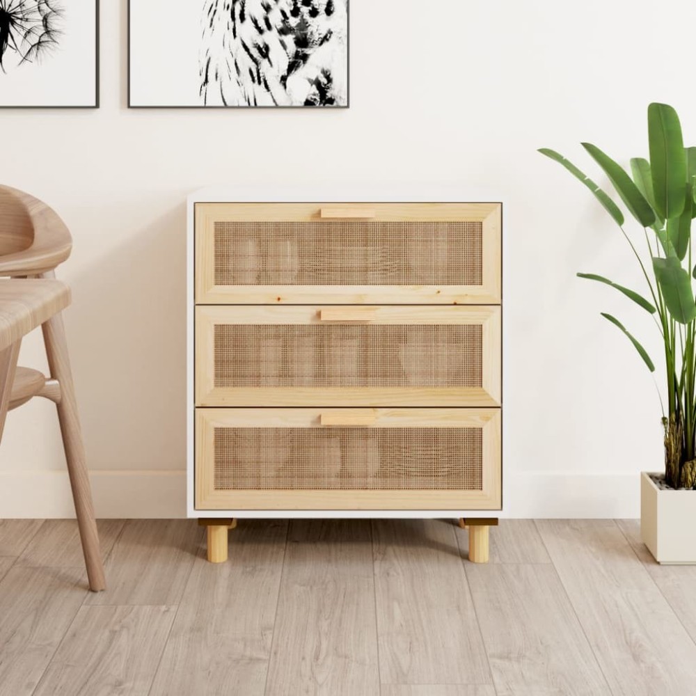 Sideboard Schwarz 60x30x70cm Massivholz Kiefer und Natur-Rattan