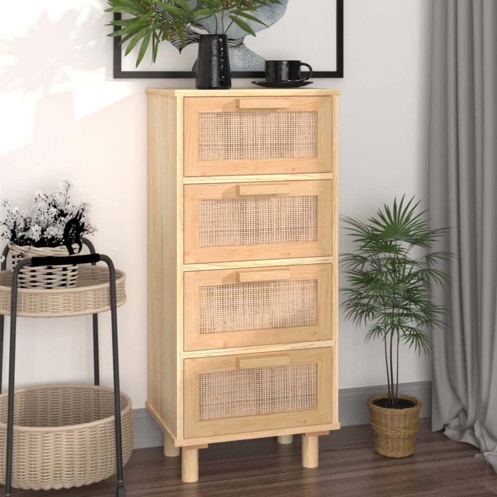 Sideboard Black 40x30x90 cm Solid Wood Pine and Natural Rattan