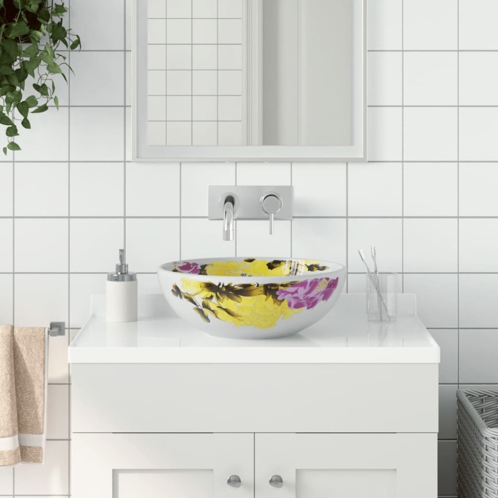 Countertop Basin White and Blue Round Î¦41x14 cm Ceramic