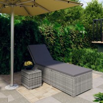 Sun Lounger with Cushion and Tea Table Poly Rattan Brown
