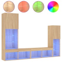 4-tlg. Wohnwand mit LED-Beleuchtung Räuchereiche Holzwerkstoff