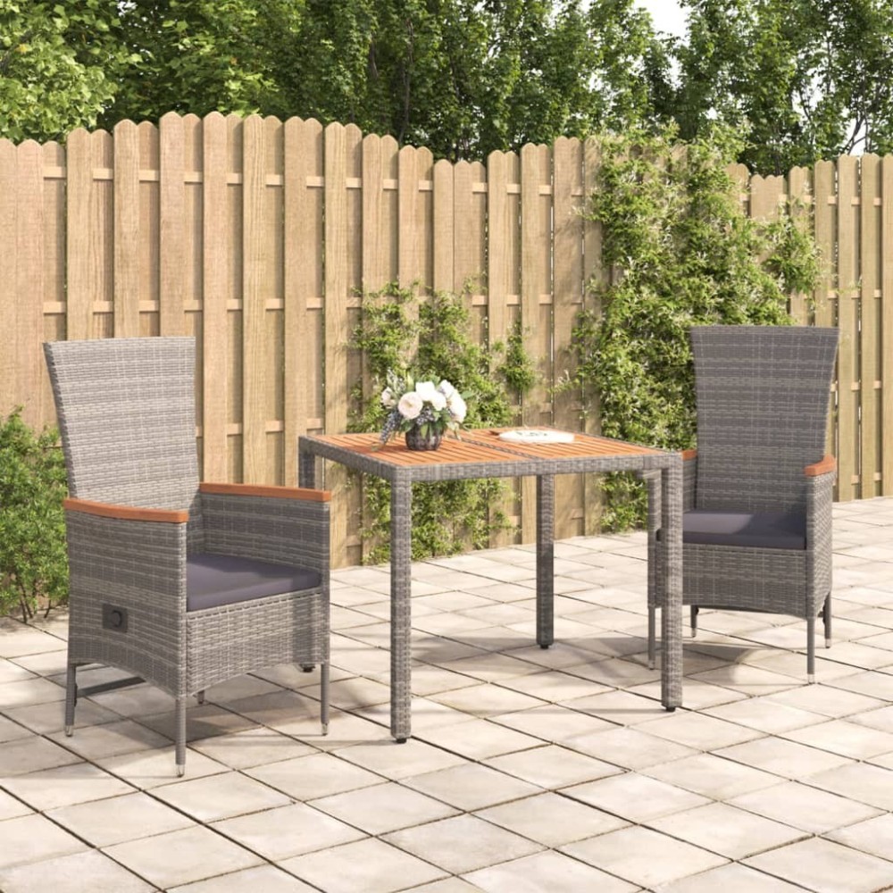 3 Piece Garden Dining Set Grey Poly Rattan&Solid Wood Acacia