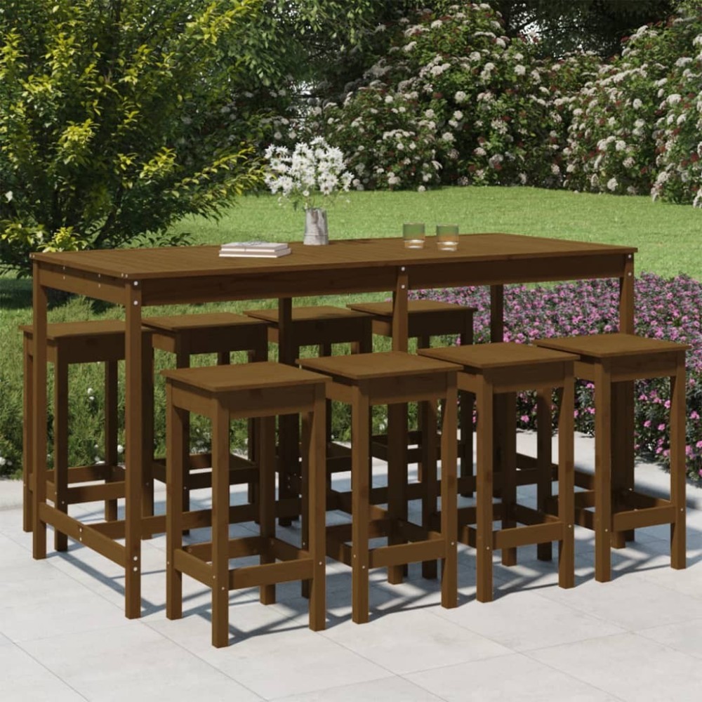 9 Piece Garden Bar Set Black Solid Wood Pine