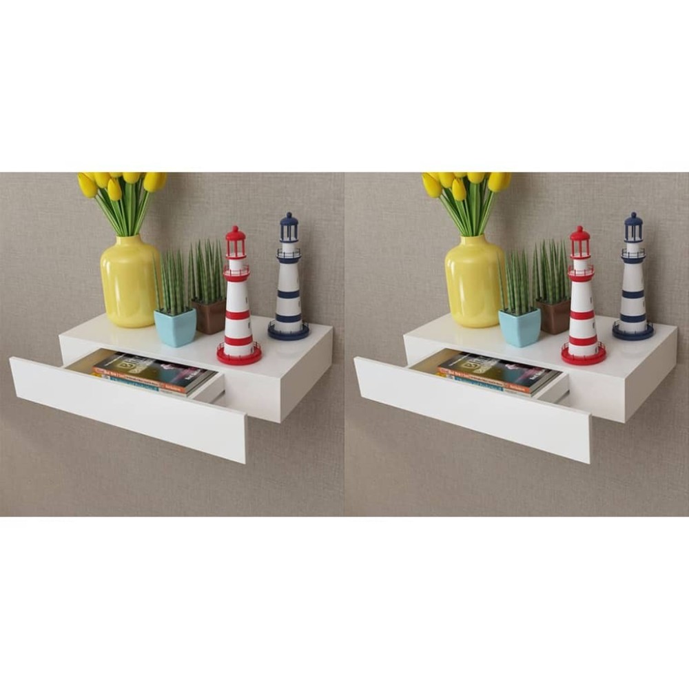 White MDF Floating Wall Display Shelf 1 Drawer Book/DVD Storage