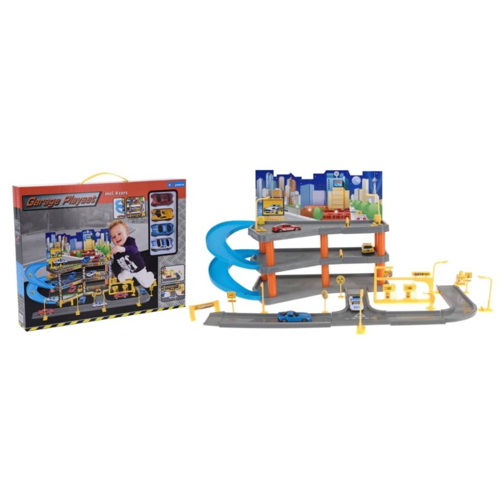 Tender Toys Garage Playset with 4 Toy Cars 62x31x33 cm Grey and Blue