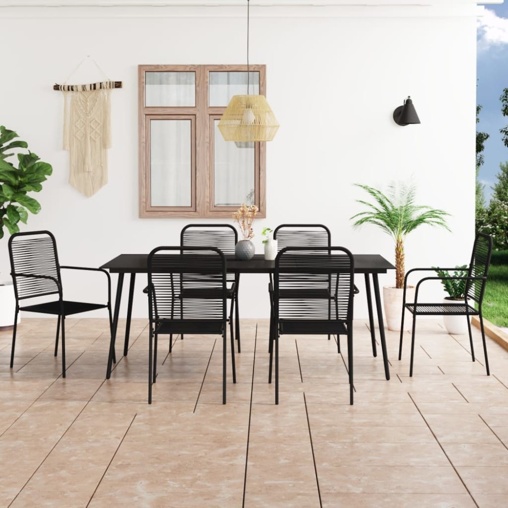 9 Piece Garden Dining Set Cotton Rope and Steel Black
