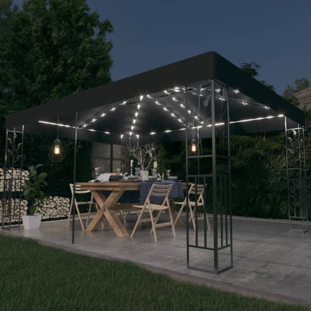 Gazebo with Double Roof&LED String Lights 3x4 m Taupe