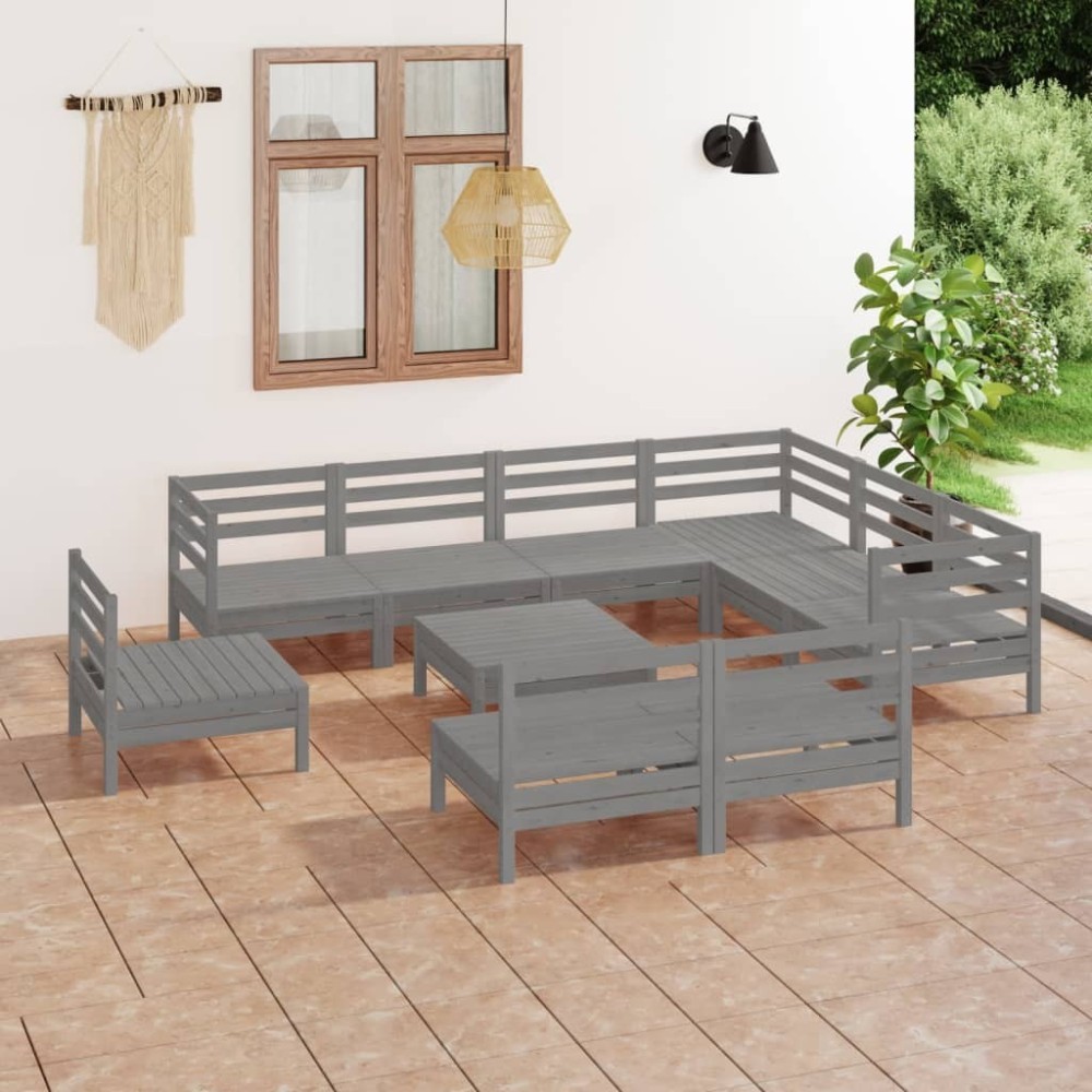 10 Piece Garden Lounge Set Solid Pinewood Grey