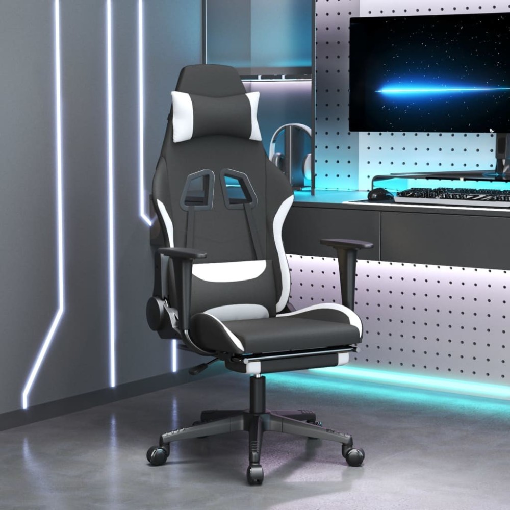 Gaming Chair with Footrest Black and White Fabric