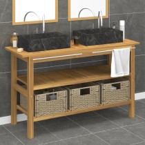 Bathroom Vanity Cabinet with Cream Marble Sinks Solid Wood Teak