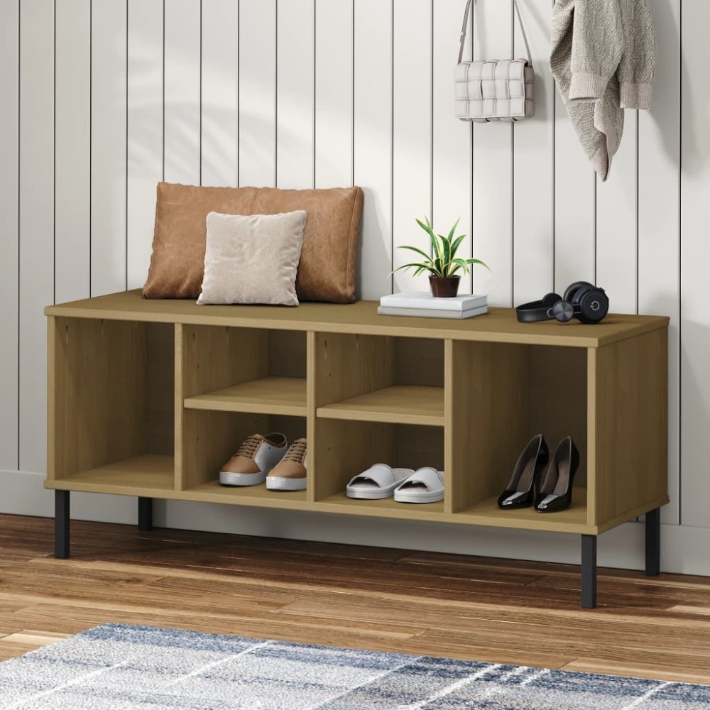 Shoe Rack with Metal Legs Grey 106x35x45 cm Solid Wood OSLO