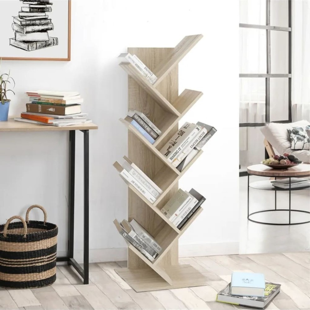 FMD Standing Geometric Bookshelf Oak and Black