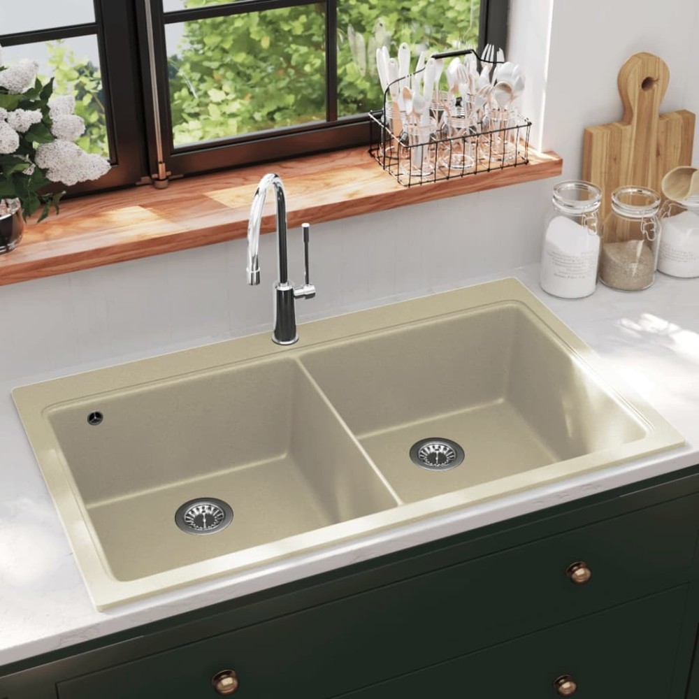 Overmount Kitchen Sink Double Basin Granite Cream White