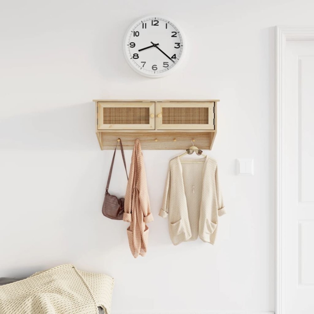Wandgarderobe Schwarz Holzwerkstoff und Rattan Natur