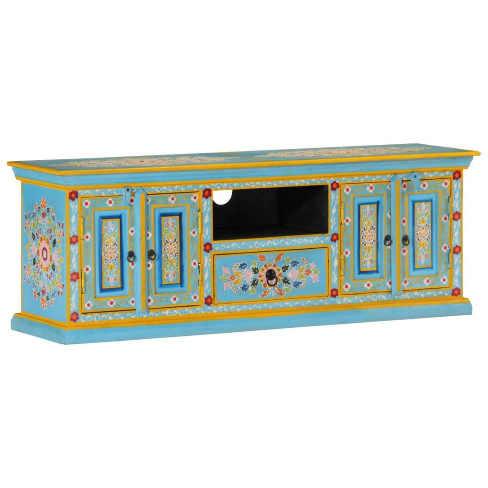 TV Cabinet Solid Mango Wood Blue Hand Painted