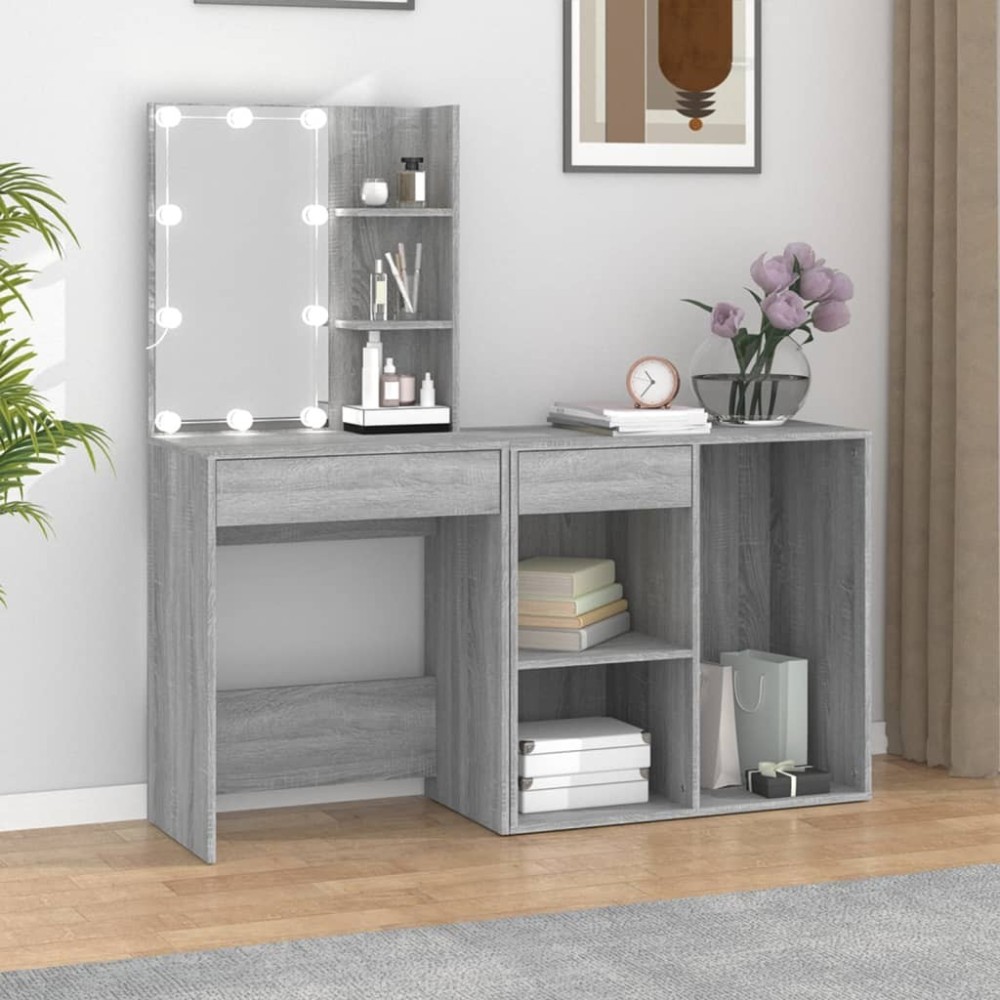 LED Dressing Table with Cabinet Smoked Oak Engineered Wood
