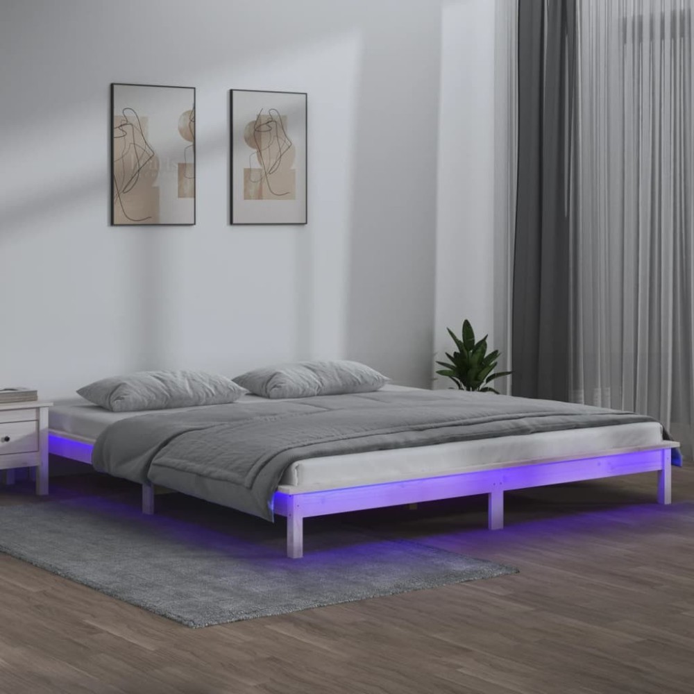 LED Bed Frame Grey 150x200 cm 5FT King Size Solid Wood
