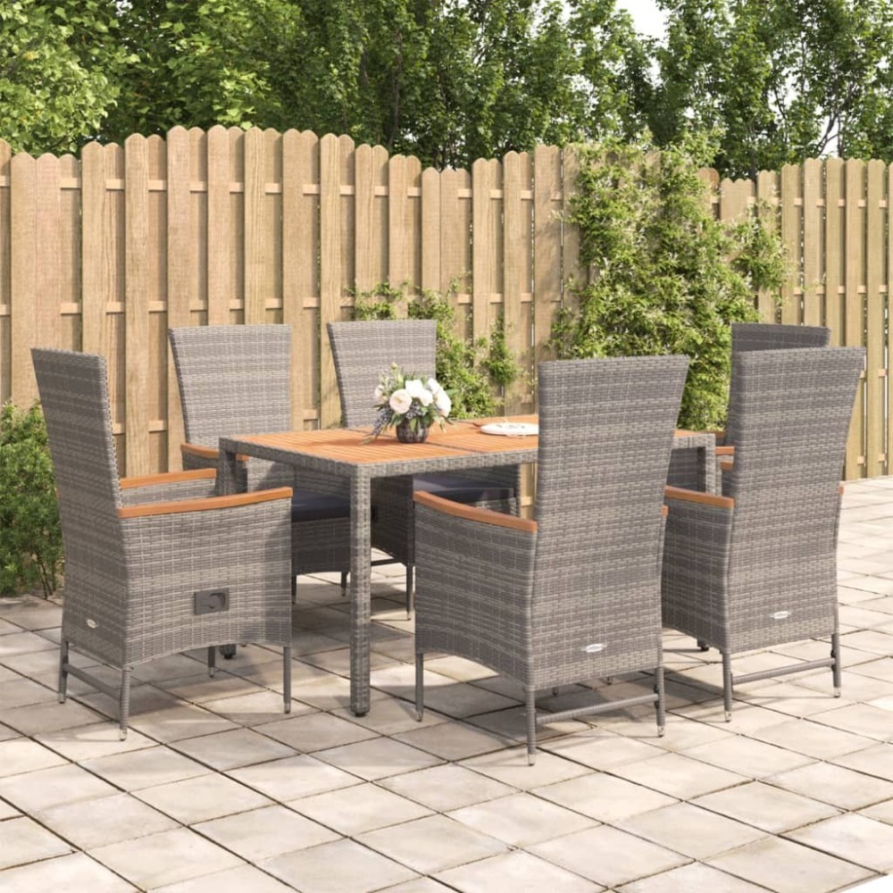 7 Piece Garden Dining Set Grey Poly Rattan&Solid Wood Acacia