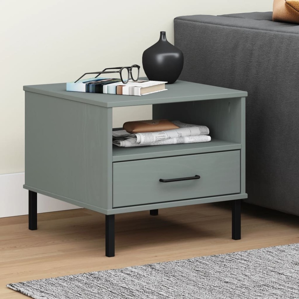 Bedside Table with Metal Legs Brown Solid Wood Pine OSLO