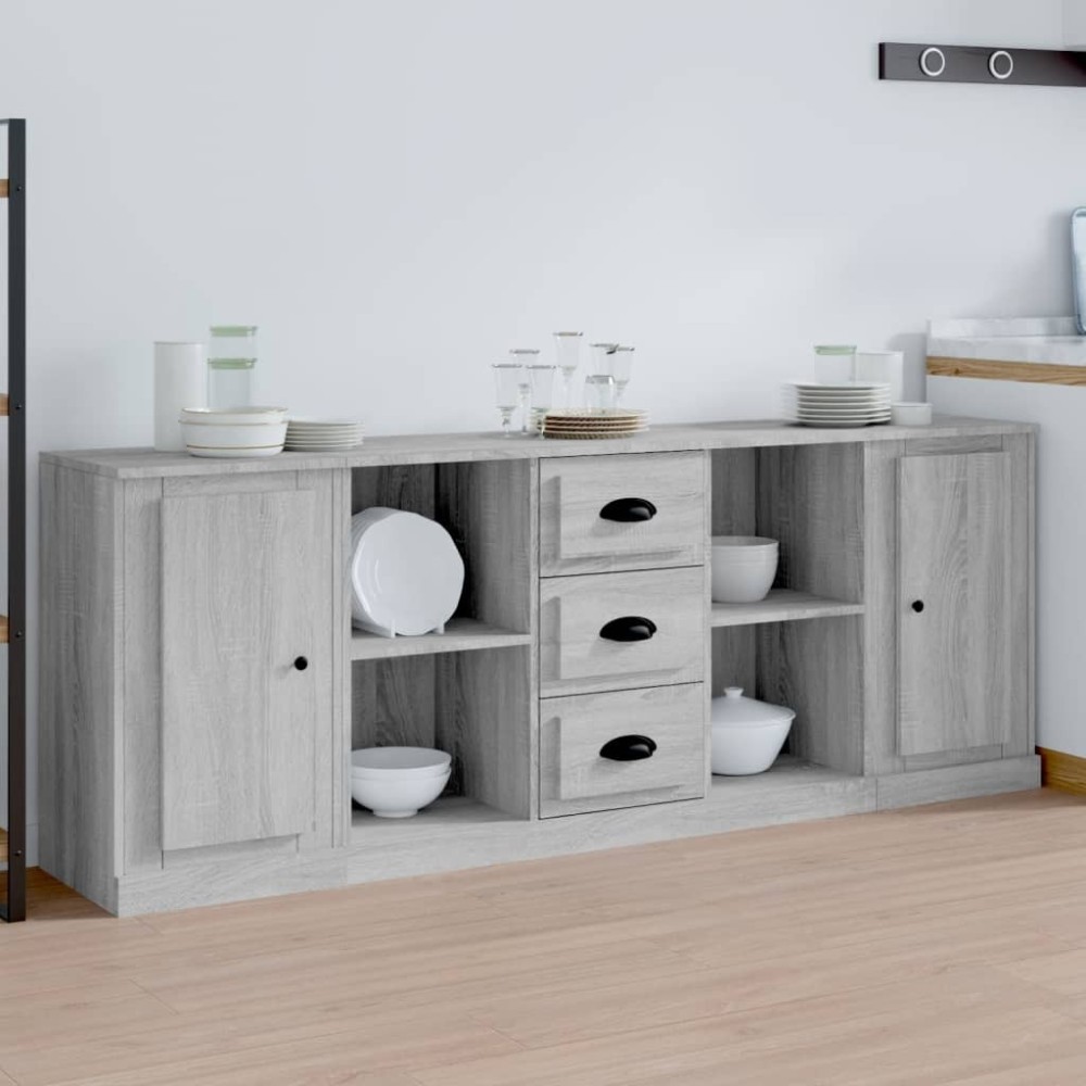 Sideboards 3 pcs Black Engineered Wood