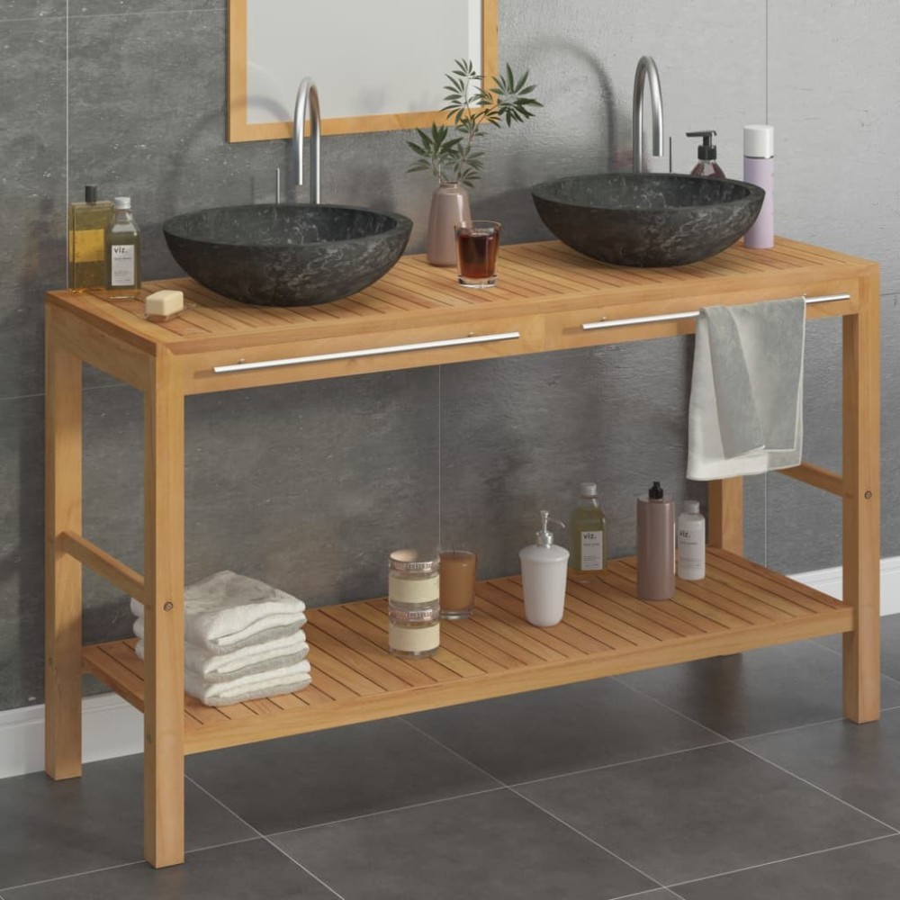 Bathroom Vanity Cabinet Solid Teak with Sink Marble Cream