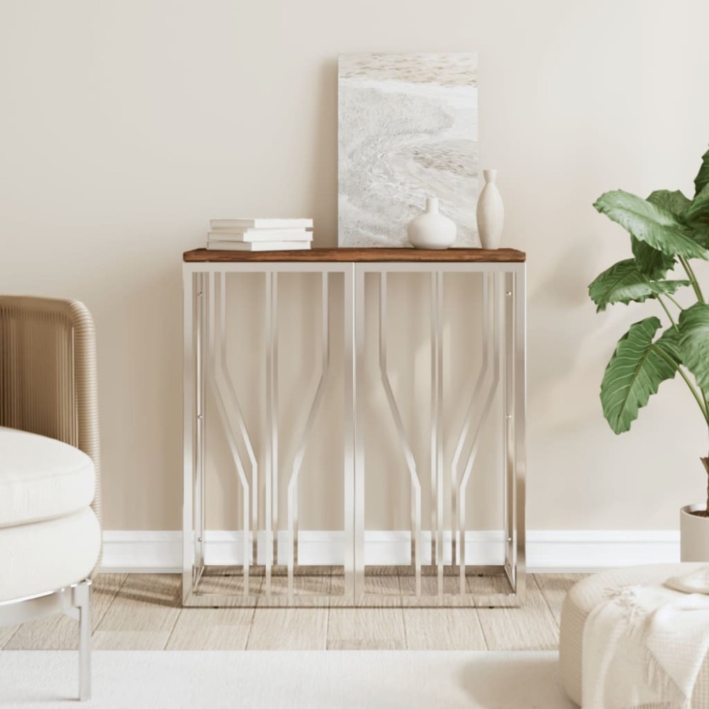 Console Table Silver Stainless Steel and Solid Wood Acacia