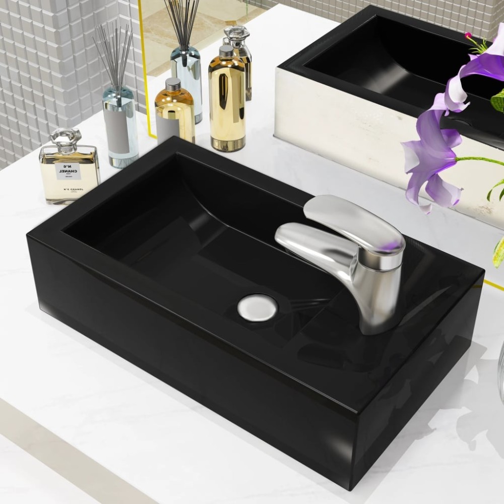 Basin with Faucet Hole Rectangular Ceramic Black 46x25.5x12 cm