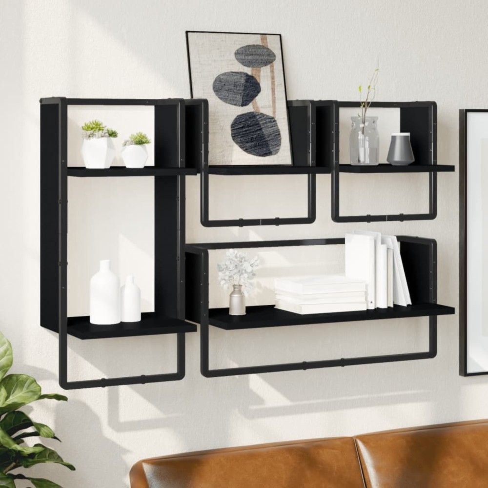 4 Piece Wall Shelf Set with Bars Brown Oak Engineered Wood