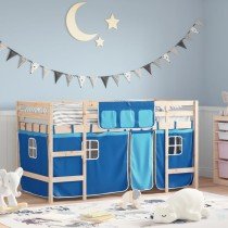 Kids' Loft Bed with Curtains White&Black 90x190cm Solid Wood Pine