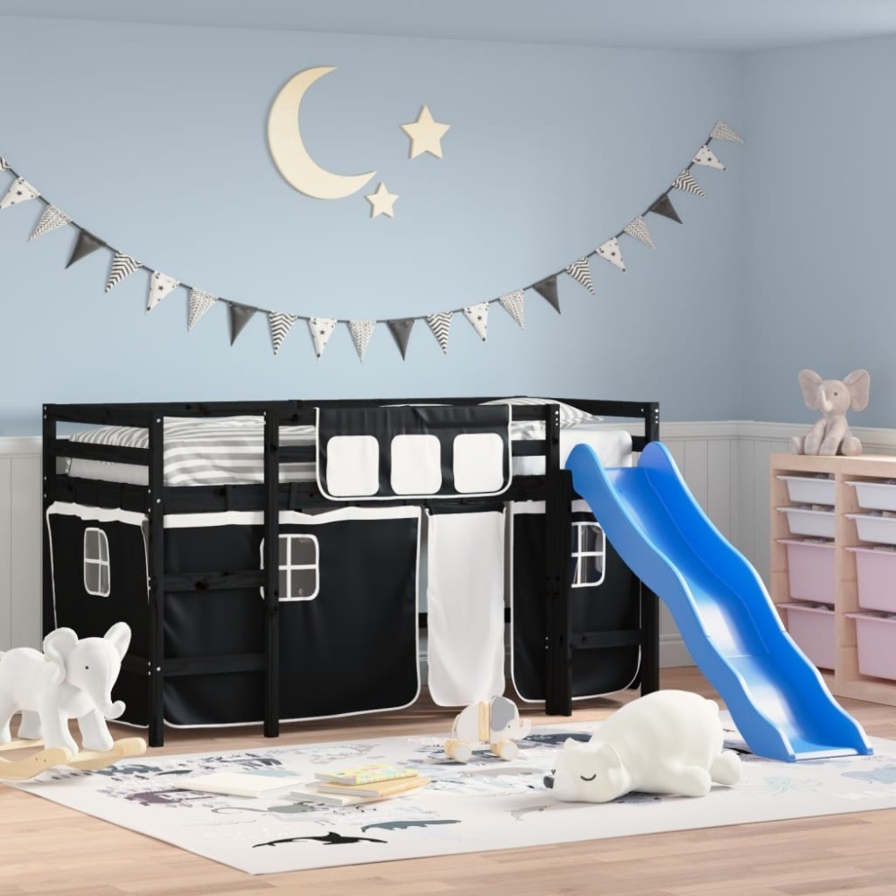 Kids' Loft Bed with Curtains Blue 80x200 cm Solid Wood Pine
