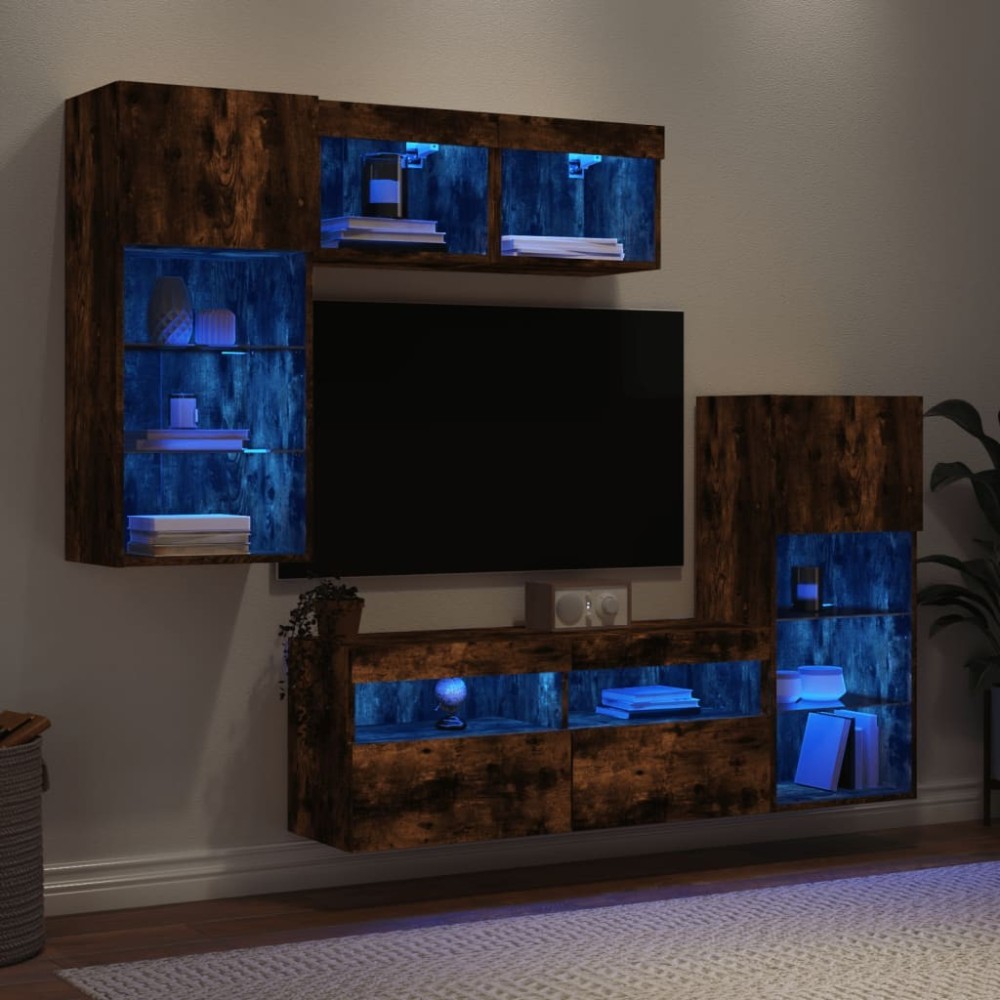 5 Piece TV Wall Units with LED Brown Oak Engineered Wood