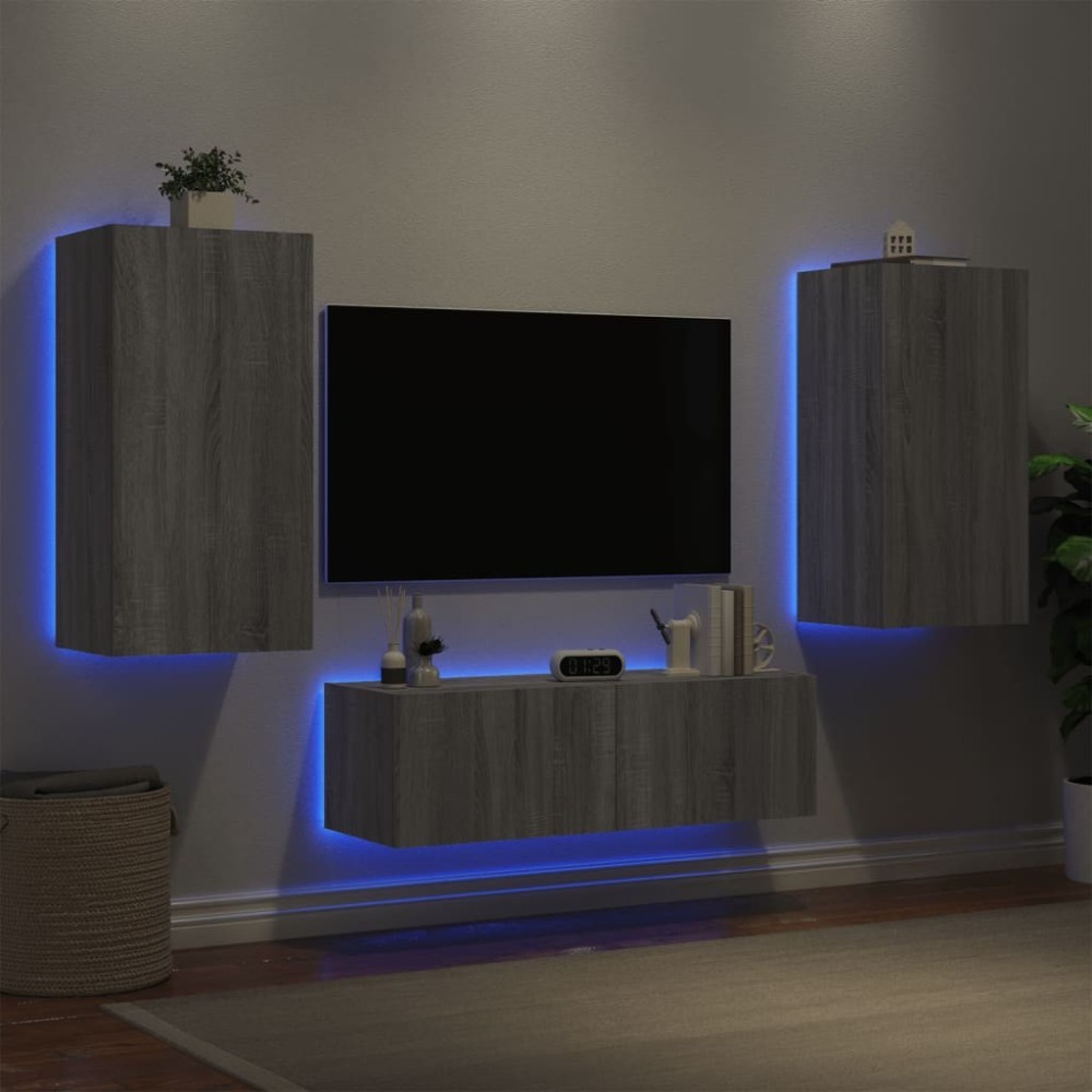3-tlg. TV-Wohnwand mit LED-Leuchten Räuchereiche