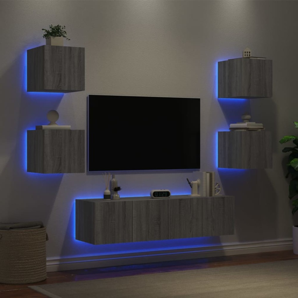 6 Piece TV Wall Units with LED Concrete Grey Engineered Wood