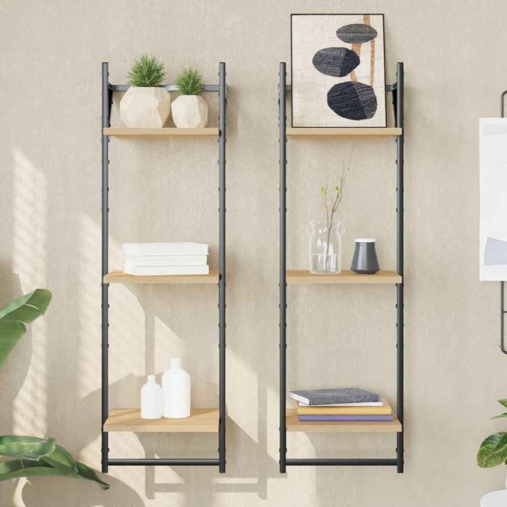 3-Tier Wall Shelves with Bars 2 pcs Brown Oak 30x25x100 cm