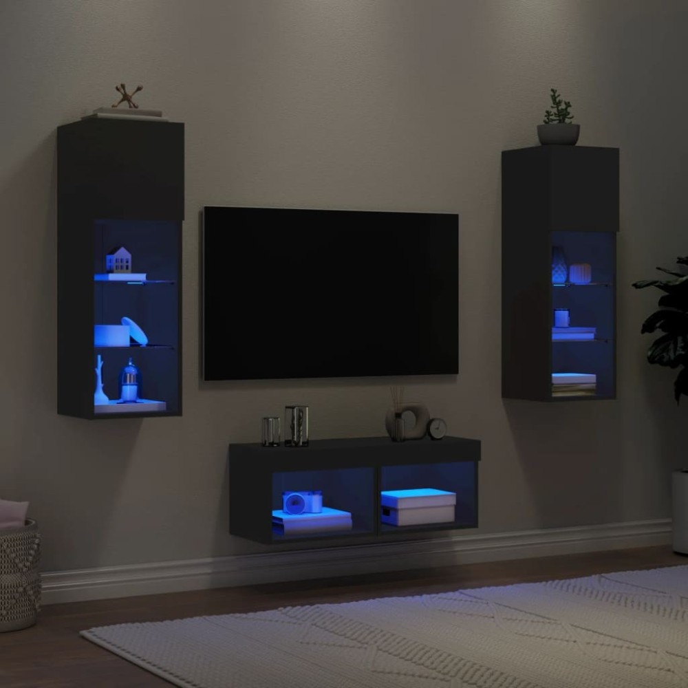 4 Piece TV Wall Cabinets with LED Lights Concrete Grey