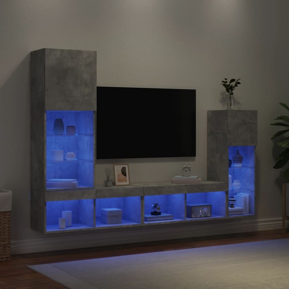 4 Piece TV Wall Units with LED Black Engineered Wood