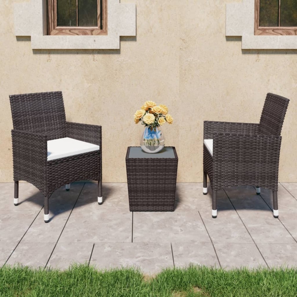 3 Piece Garden Bistro Set Poly Rattan and Tempered Glass Brown