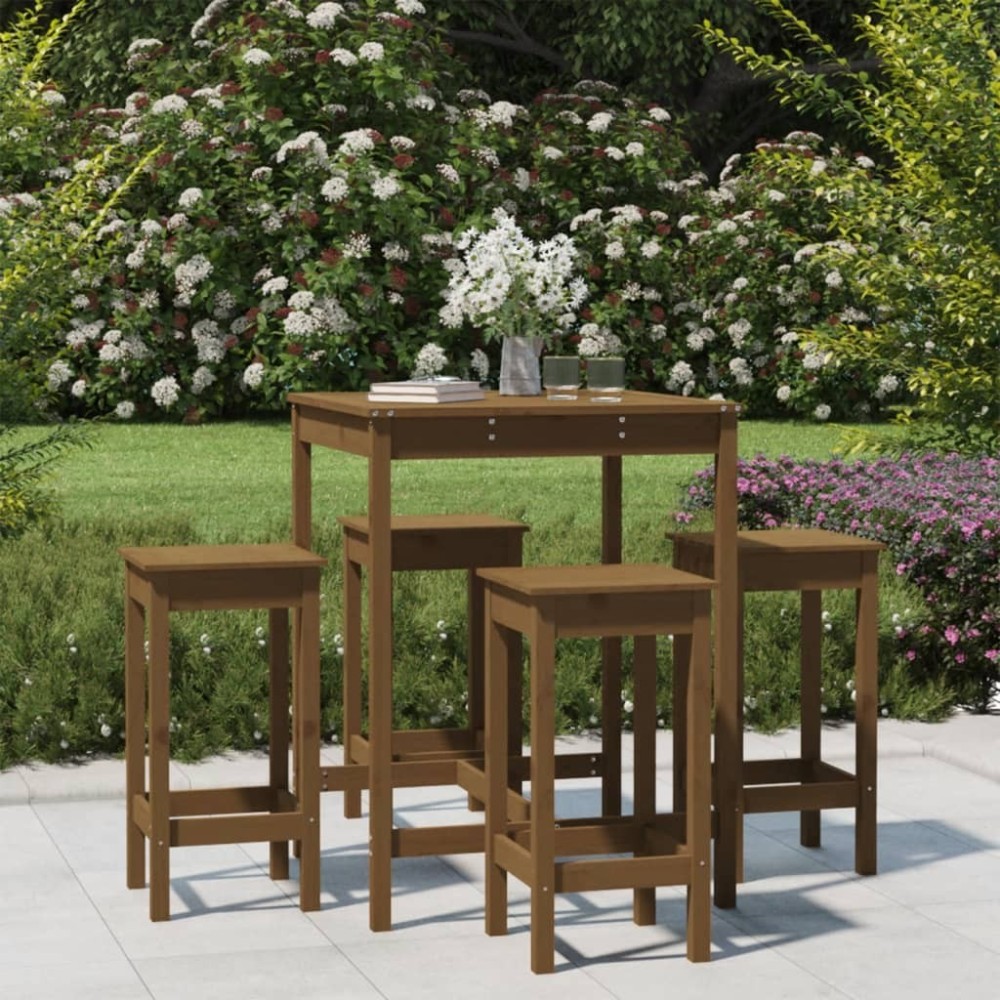 5 Piece Garden Bar Set Black Solid Wood Pine