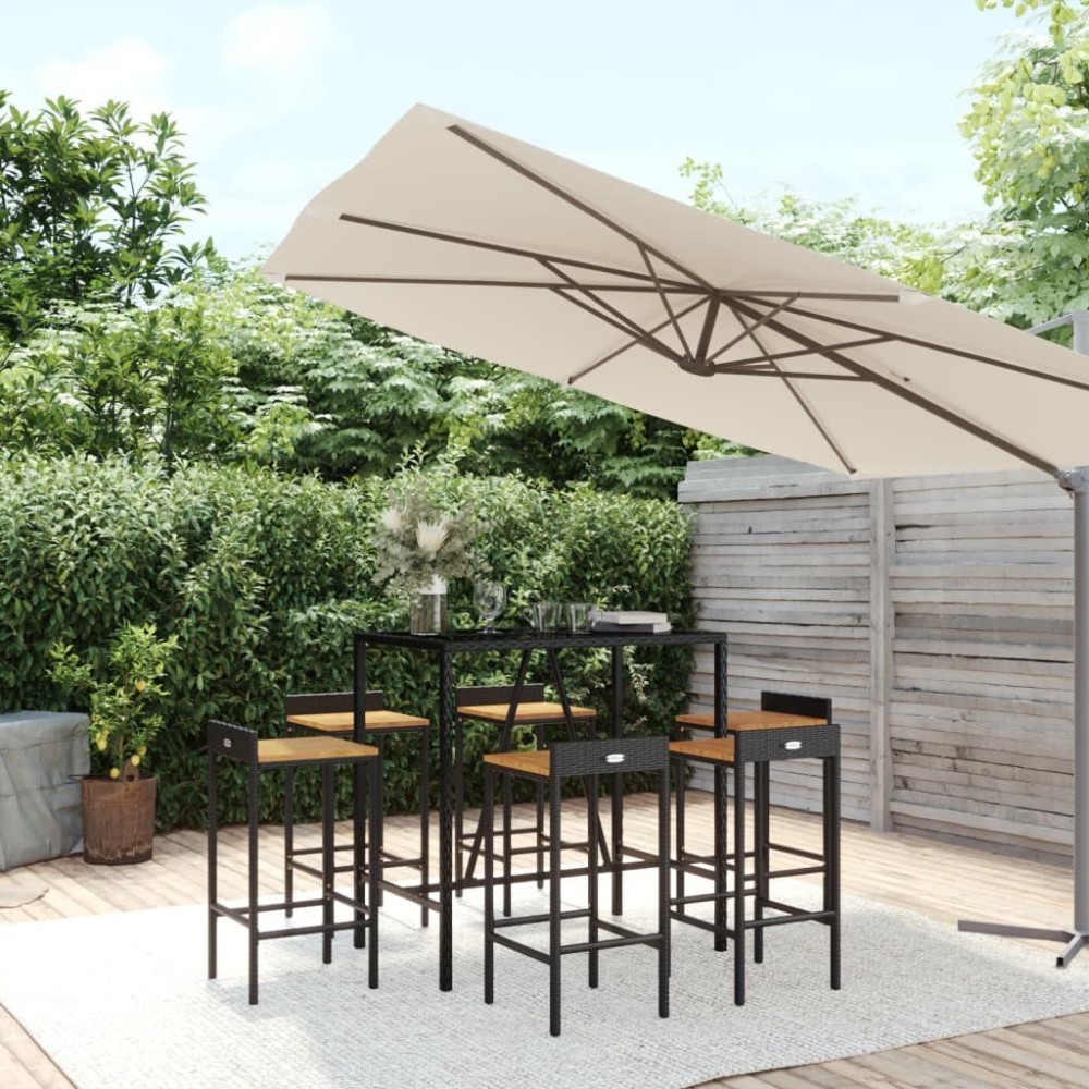 7-tlg. Gartenbar-Set Schwarz Poly Rattan & Massivholz Akazie