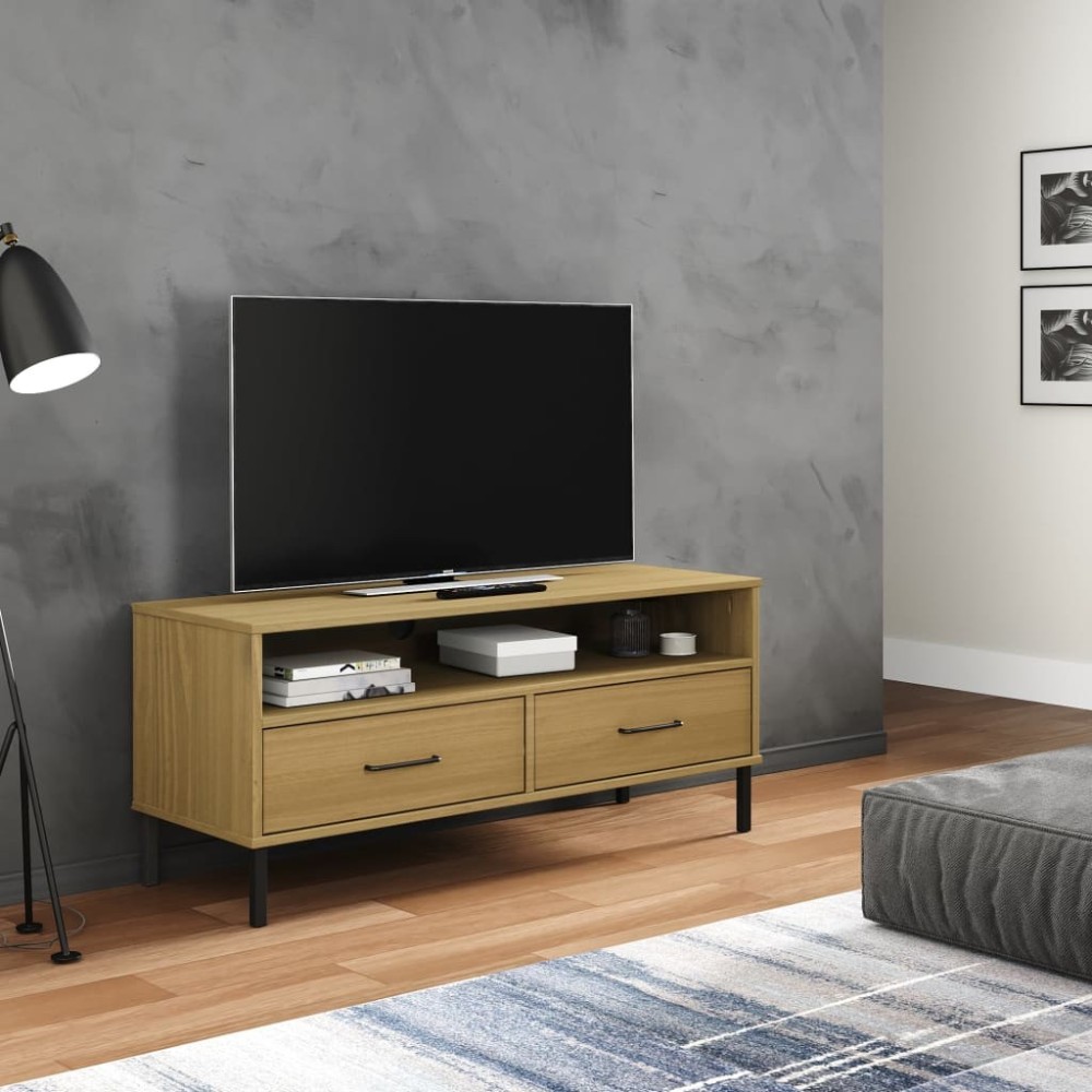 TV Cabinet with Metal Legs Grey Solid Wood Pine OSLO