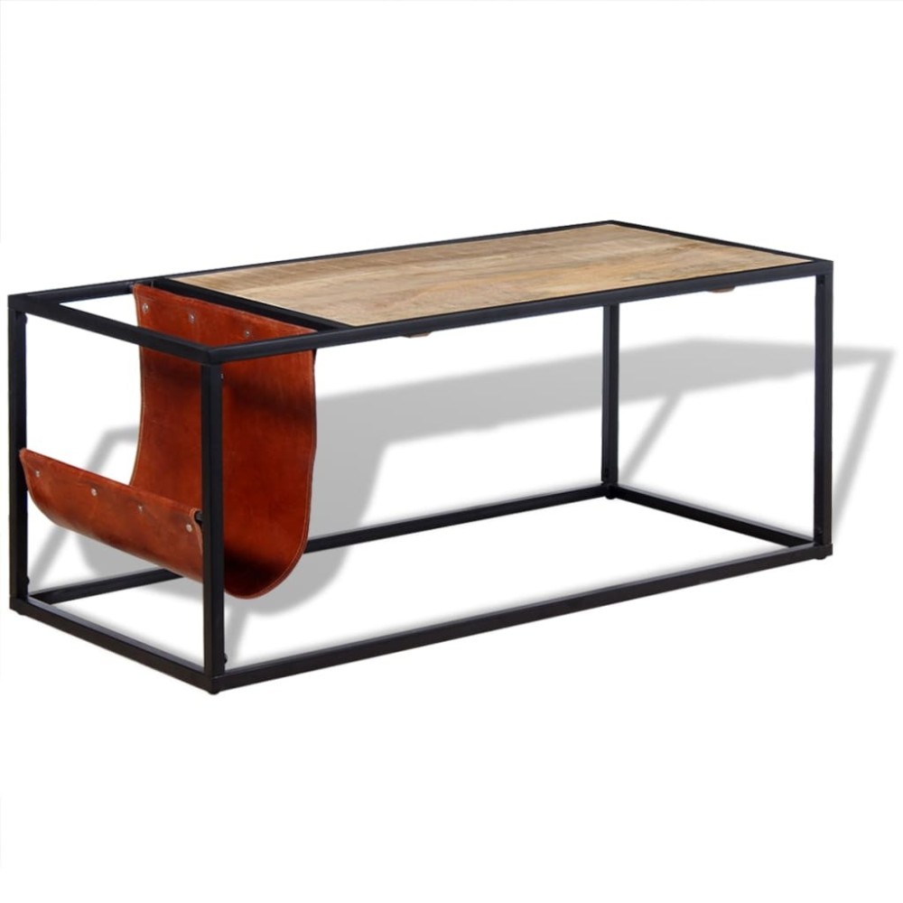 Coffee Table with Genuine Leather Magazine Holder 110x50x45 cm