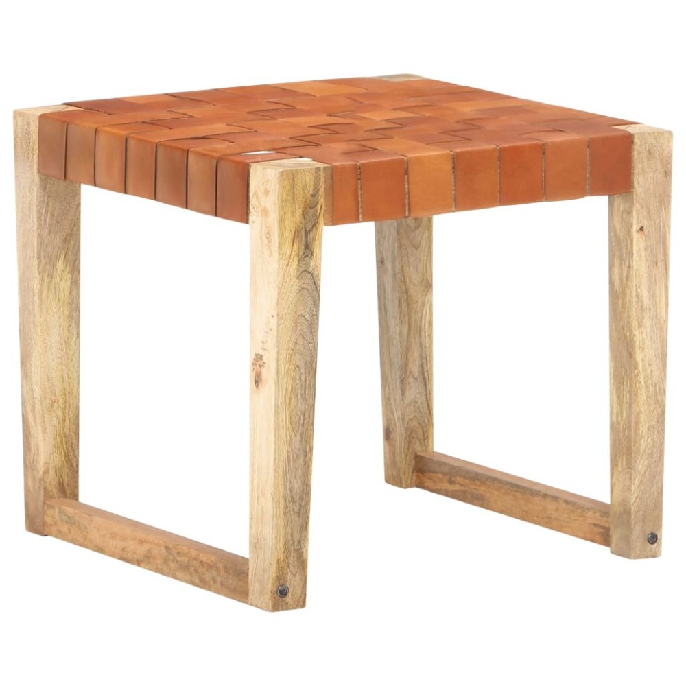 Stool Black Real Leather and Solid Mango Wood