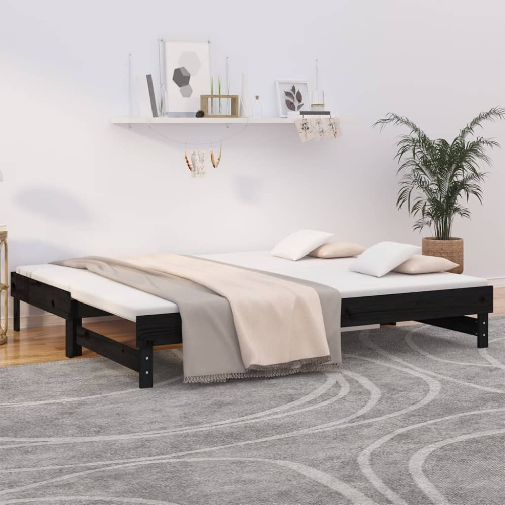 Pull-out Day Bed Black 2x(90x190) cm Solid Wood Pine